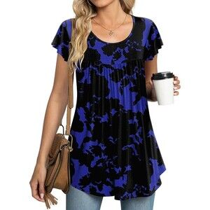 Pleated Flutter Sleeve Blue Flower Tunic Top Sz L